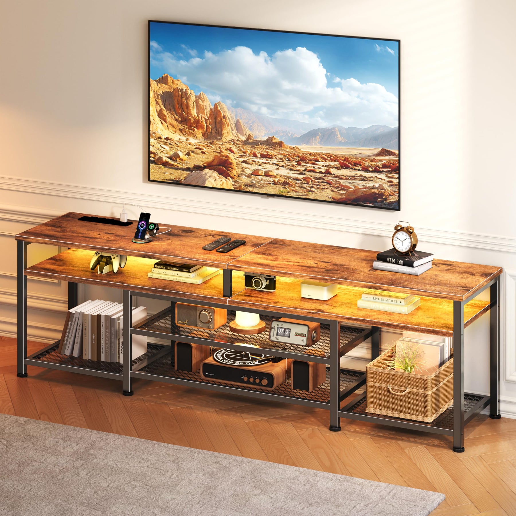 Furologee TV Stand with Power Outlets and LED Lights, 63 Inch Entertainment Center for 60 65 70 Inch TVs, Media Console Table with Open Shelves, for Bedroom, Living Room, Black