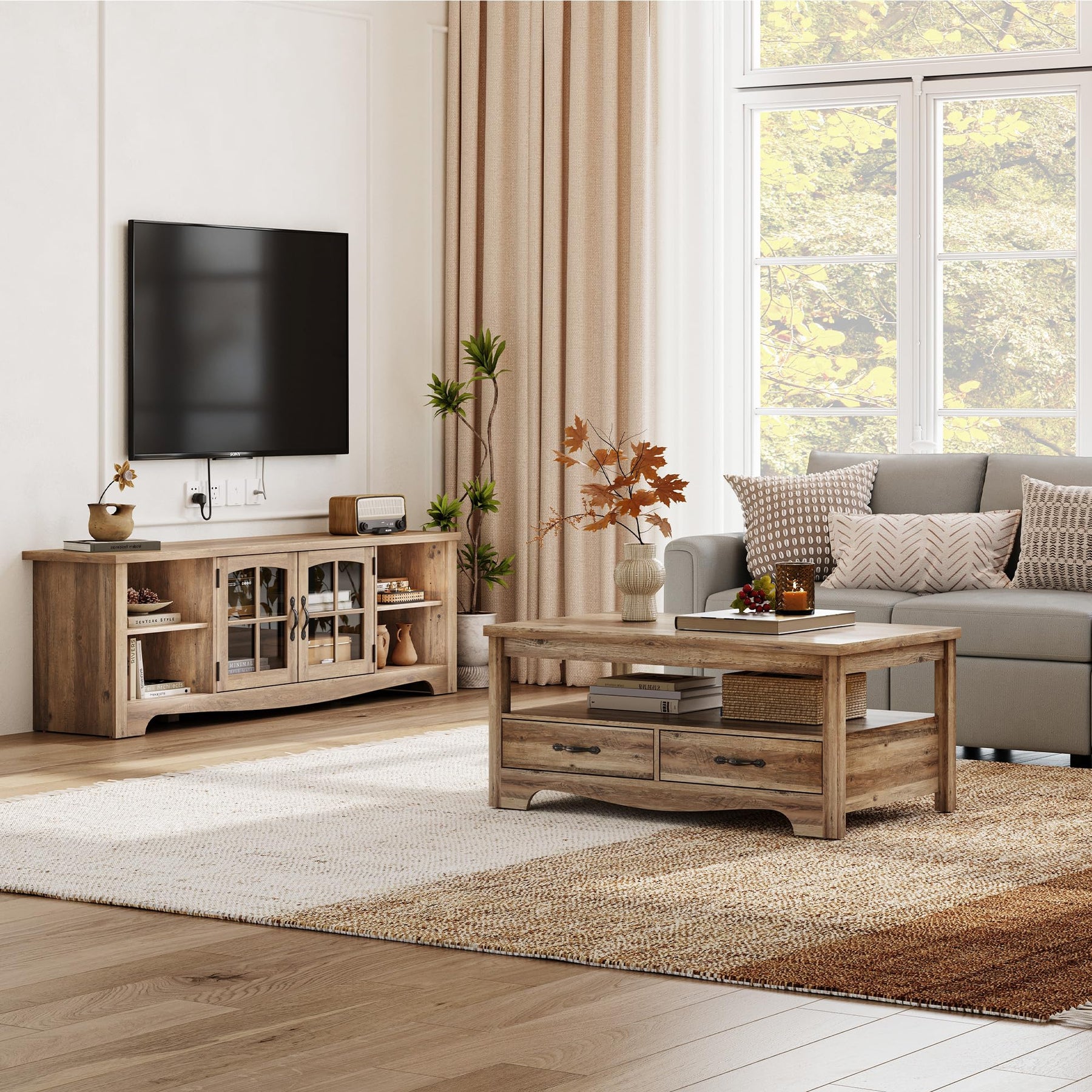 LINSY HOME Farmhouse TV Stand for 65 Inch TV, Wood Entertainment Center with Glass Door Storage Cabinet & Adjustable Shelves, Large Sturdy TV Console Table for Living Room Bedroom