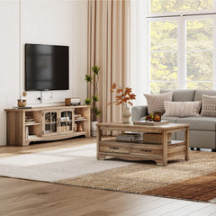 LINSY HOME Farmhouse TV Stand for 65 Inch TV, Wood Entertainment Center with Glass Door Storage Cabinet & Adjustable Shelves, Large Sturdy TV Console Table for Living Room Bedroom
