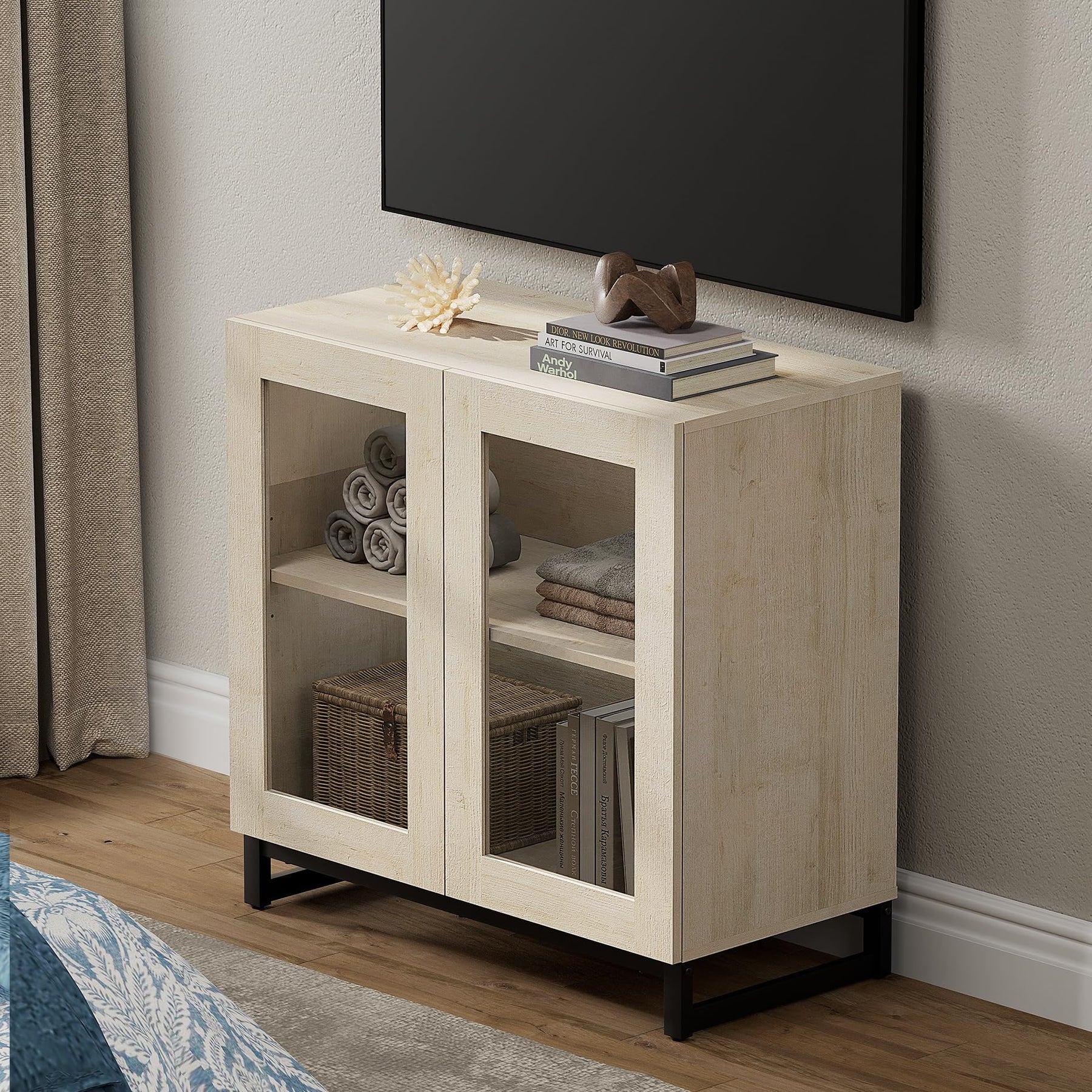 WAMPAT Modern TV Stand with Glass Doors for 80-120 inch TVs, 4 in 1 Entertainment Center Console with 4 Drawers and Metal Base for Living Room, Bedroom, Brown