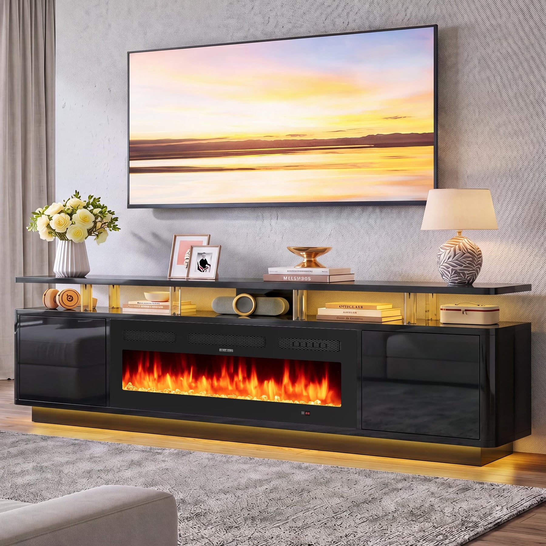 OneBlis 70" Fireplace TV Stand with Double LED Lights for TVs UP to 80", Electric Fireplace Entertainment Center with Storage Cabinets, TV Console for Living Room, Office, Black1
