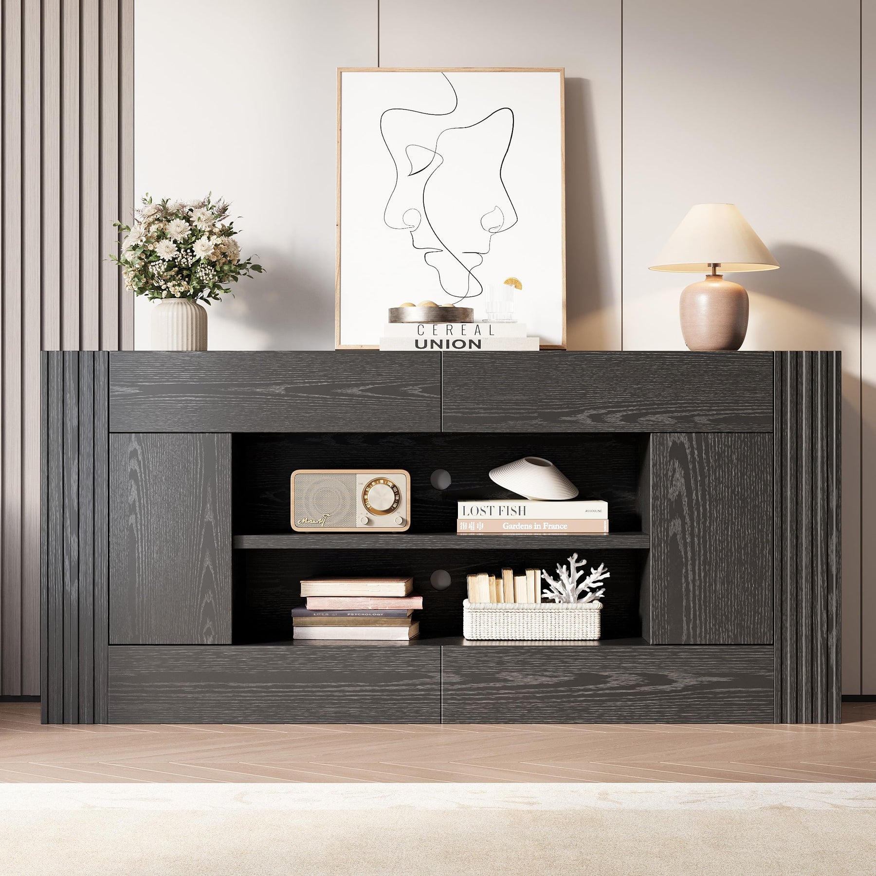 OneBlis Modern 70" TV Stand for TVs up to 80", Entertainment Center with 2 Drawers & 2 Side Cabinets, Media Console with 2-Tier Open Storage Shelves and Cable Management, Antique White & Walnut