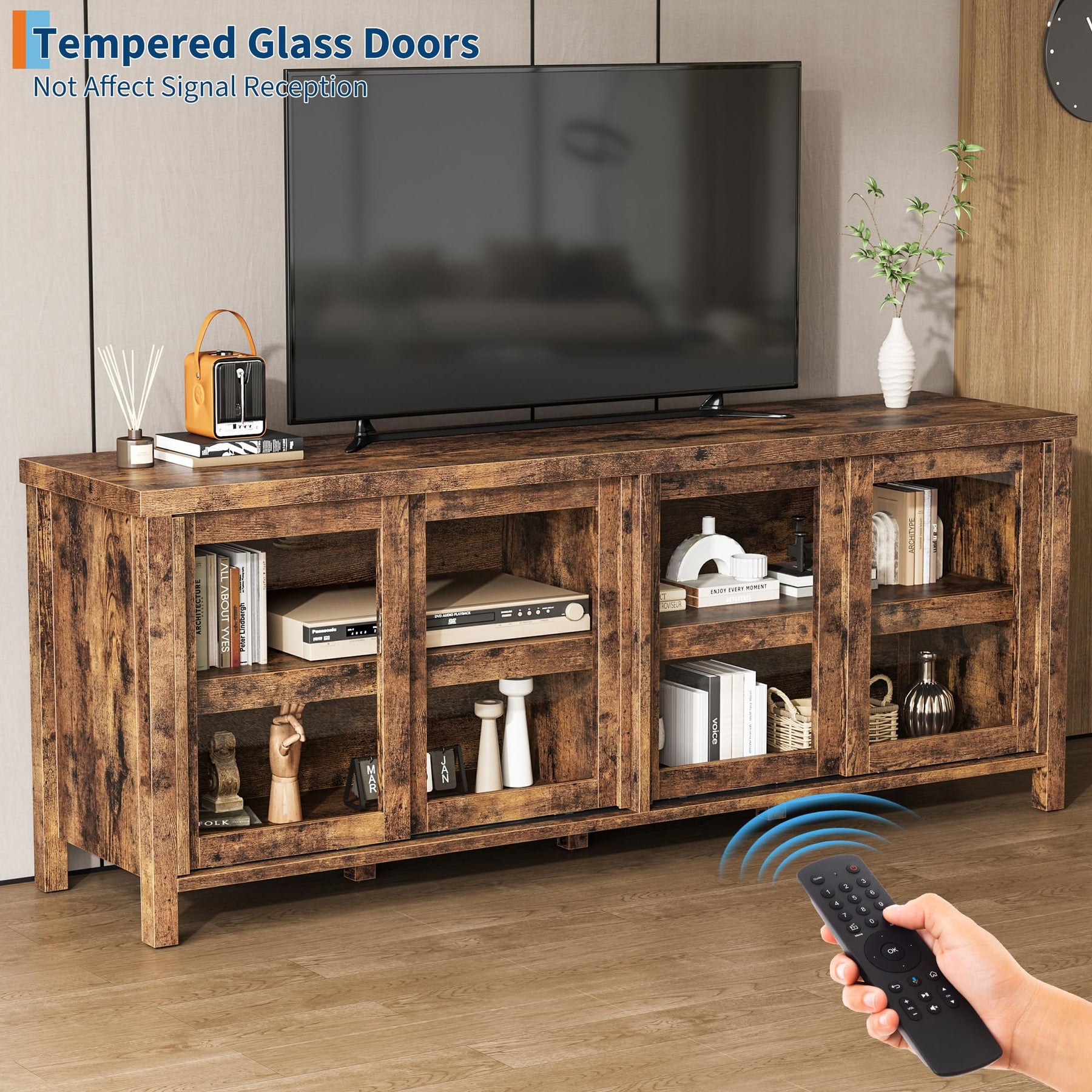 GAOMON TV Stand for 65" with Entertainment Center, Storage Cabinet, 4 Sliding Glass Doors, Mid Century Modern Media TV Console Table for Living Room Bedroom (Retro Brown)