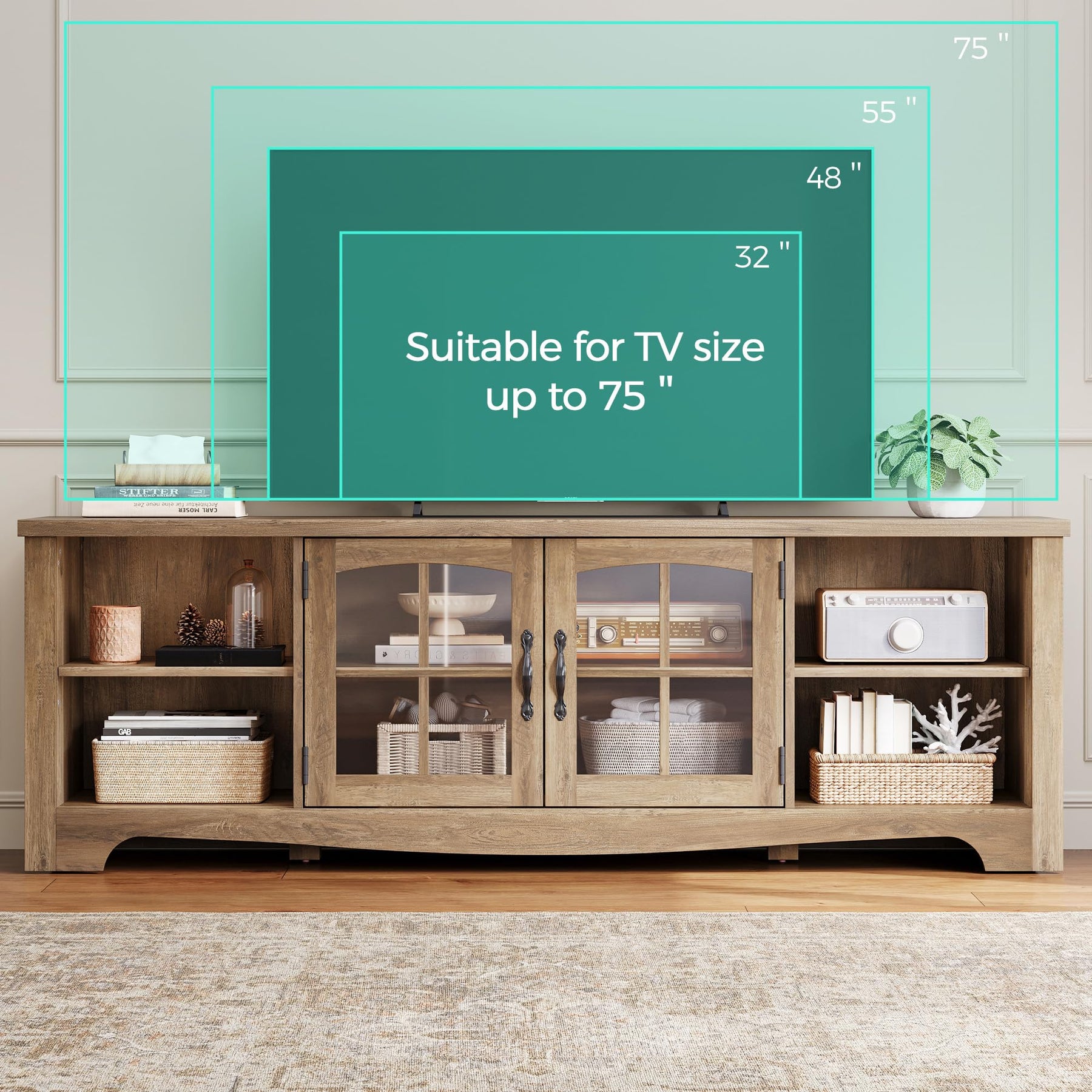 LINSY HOME Farmhouse TV Stand for 65 Inch TV, Wood Entertainment Center with Glass Door Storage Cabinet & Adjustable Shelves, Large Sturdy TV Console Table for Living Room Bedroom
