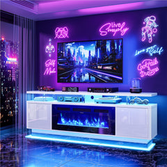 OneBlis 70" Fireplace TV Stand with Double LED Lights for TVs UP to 80", Electric Fireplace Entertainment Center with Storage Cabinets, TV Console for Living Room, Office, Black1