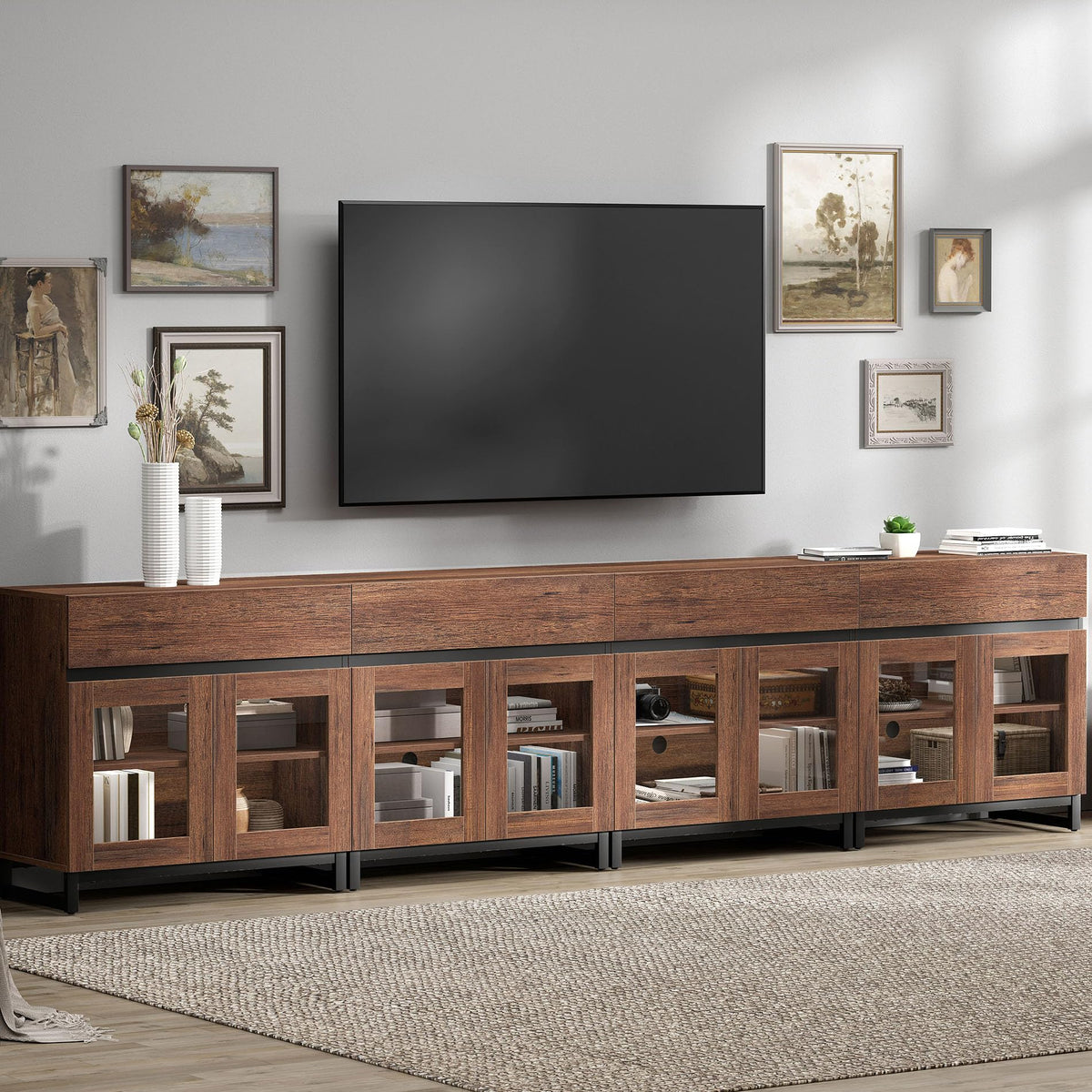 WAMPAT Modern TV Stand with Glass Doors for 80-120 inch TVs, 4 in 1 Entertainment Center Console with 4 Drawers and Metal Base for Living Room, Bedroom, Brown