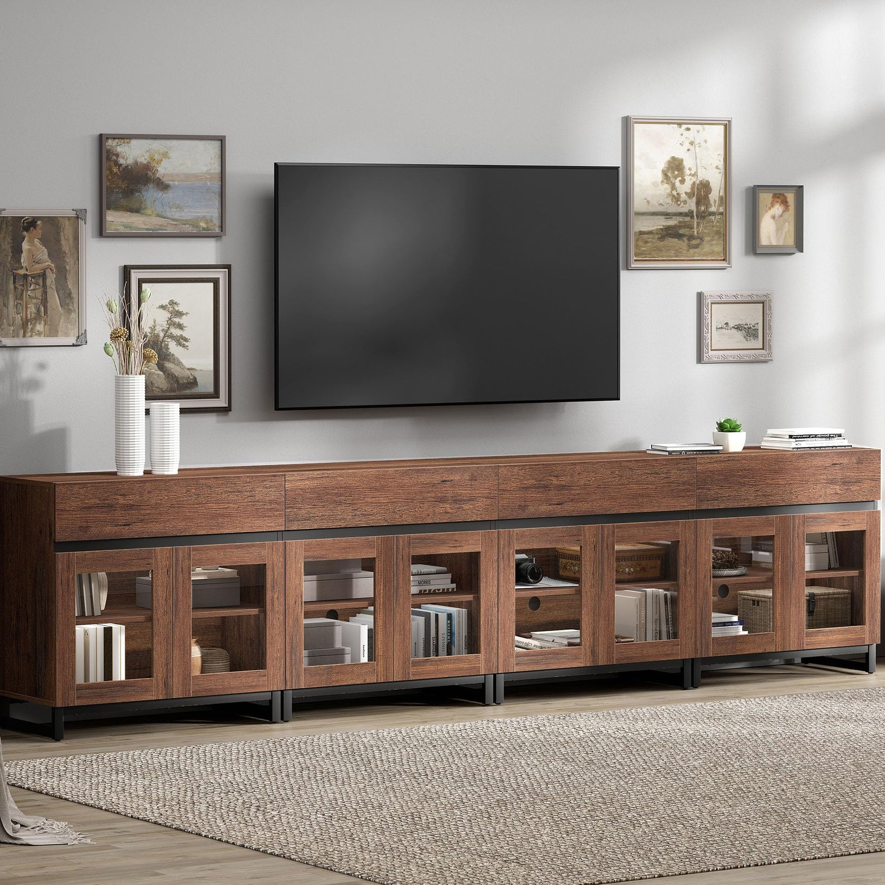 WAMPAT Modern TV Stand with Glass Doors for 80-120 inch TVs, 4 in 1 Entertainment Center Console with 4 Drawers and Metal Base for Living Room, Bedroom, Brown