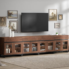 WAMPAT Modern TV Stand with Glass Doors for 80-120 inch TVs, 4 in 1 Entertainment Center Console with 4 Drawers and Metal Base for Living Room, Bedroom, Brown