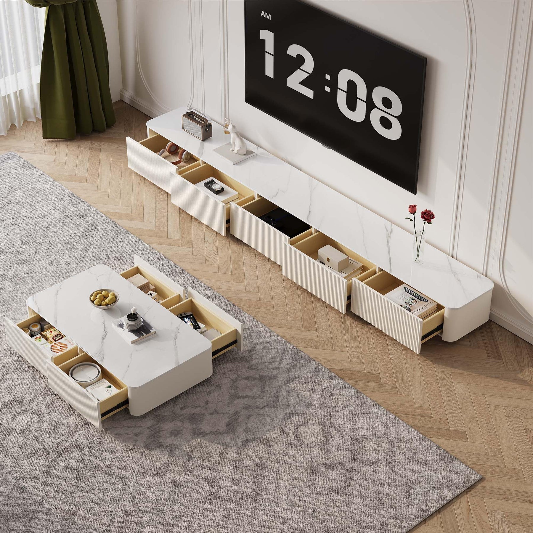 94.5" Fully Assembled TV Console, White TV Stand with Sintered Stone Top