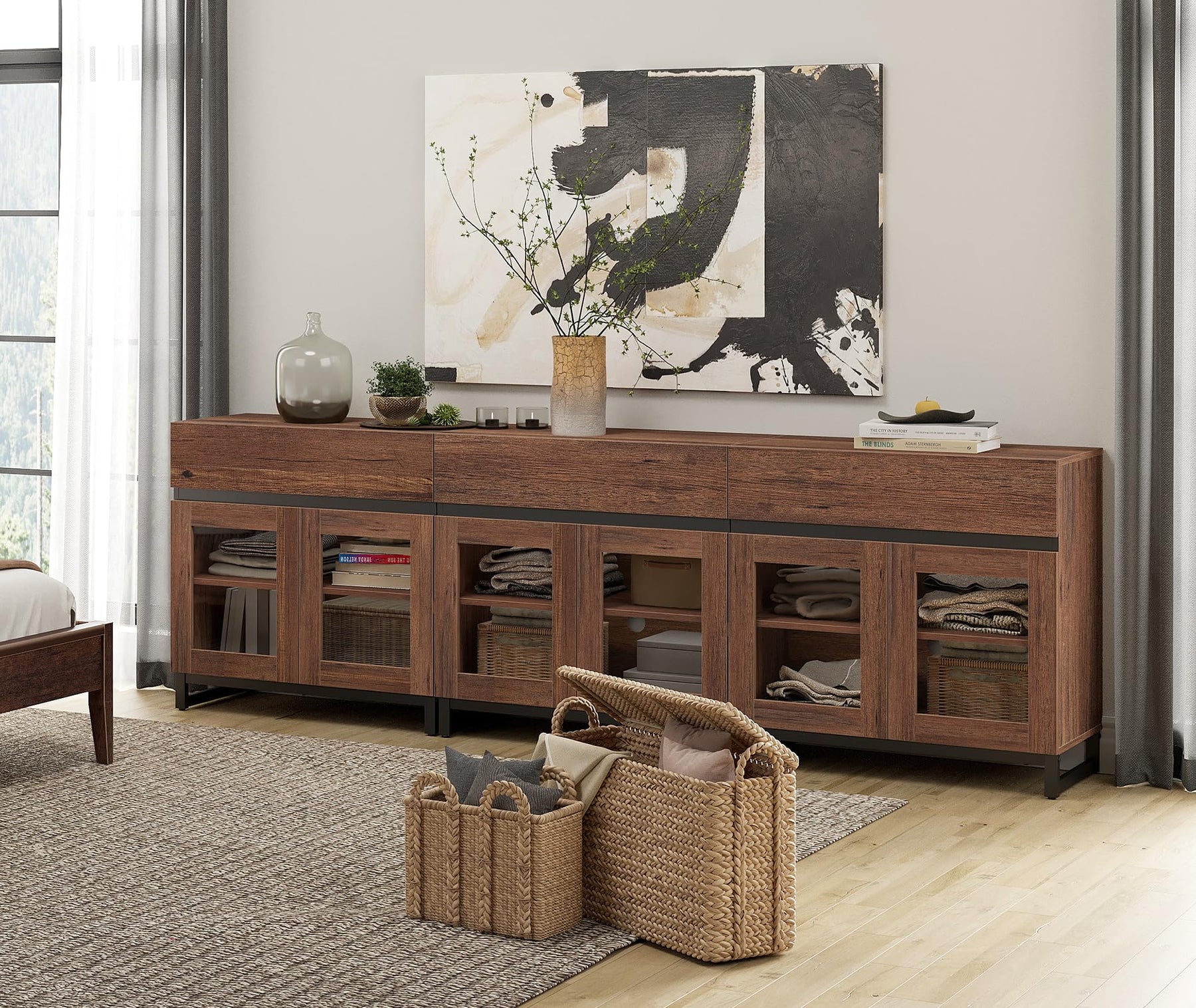 WAMPAT Modern TV Stand with Glass Doors for 80-120 inch TVs, 4 in 1 Entertainment Center Console with 4 Drawers and Metal Base for Living Room, Bedroom, Brown