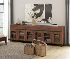 WAMPAT Modern TV Stand with Glass Doors for 80-120 inch TVs, 4 in 1 Entertainment Center Console with 4 Drawers and Metal Base for Living Room, Bedroom, Brown