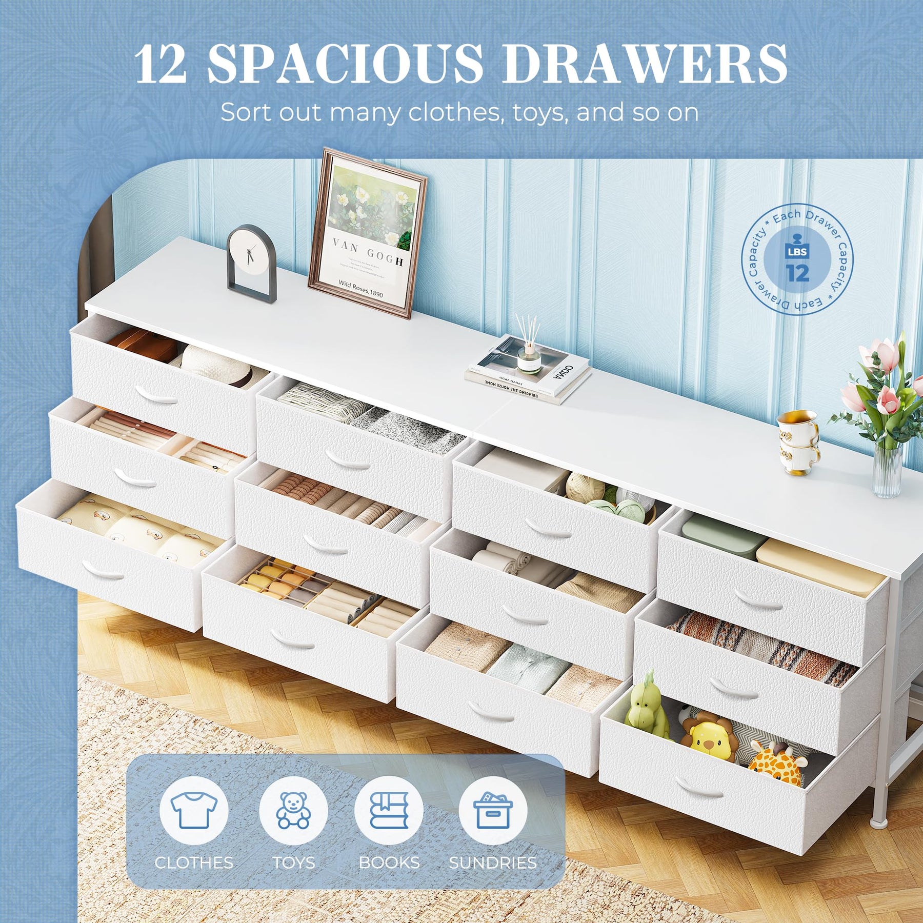 Huuger 70 Inch Dresser for Bedroom, TV Stand for 65, 75, 80 Inch TV, 12 Fabric Drawer Long Dresser, Large Entertainment Center for Bedroom, Wide Chest of Drawer with Storage, Rustic Brown