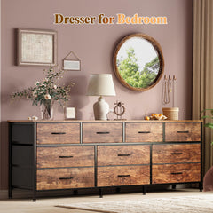 Huuger 63 Inch Dresser for Bedroom, Long Dresser with 10 Fabric Drawers, TV Stand for 55, 65, 70 Inch TV, Toy Storage Organizer for Closet, Rustic Brown