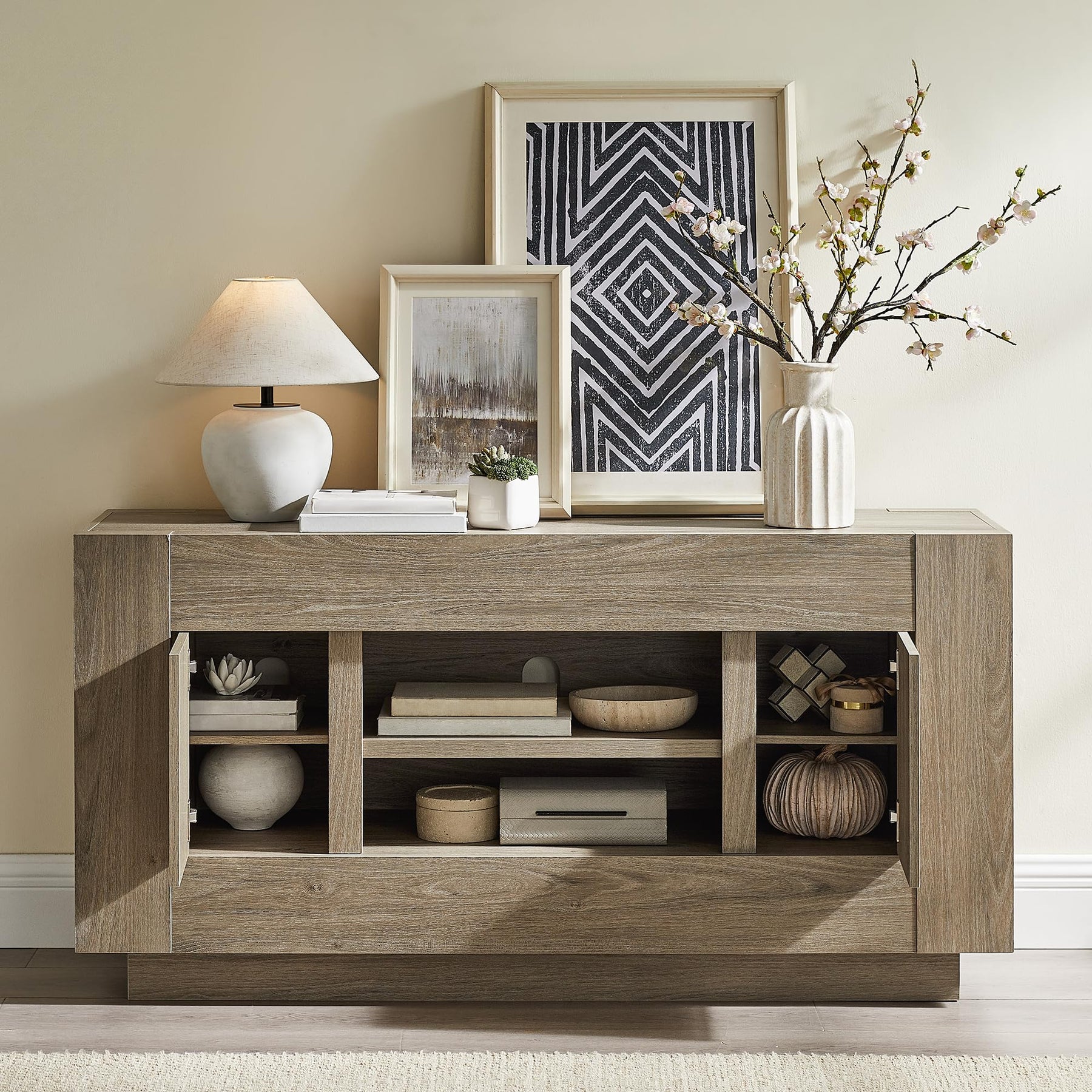 OKD 70" TV Stand for 80" TV, Thick Block Media Console, Antique White