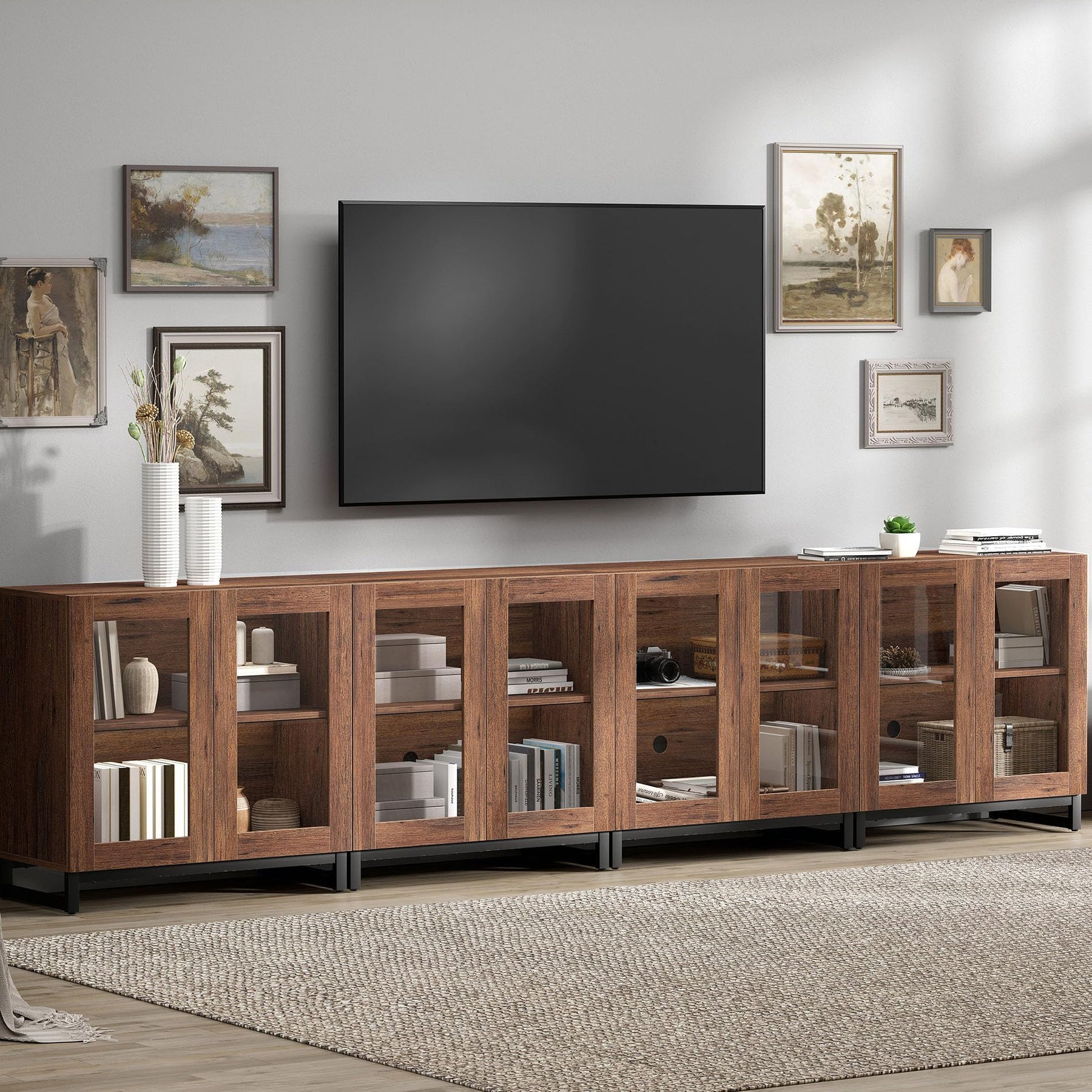 WAMPAT Modern TV Stand with Glass Doors for 80-120 inch TVs, 4 in 1 Entertainment Center Console with 4 Drawers and Metal Base for Living Room, Bedroom, Brown