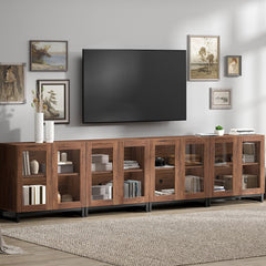 WAMPAT Modern TV Stand with Glass Doors for 80-120 inch TVs, 4 in 1 Entertainment Center Console with 4 Drawers and Metal Base for Living Room, Bedroom, Brown