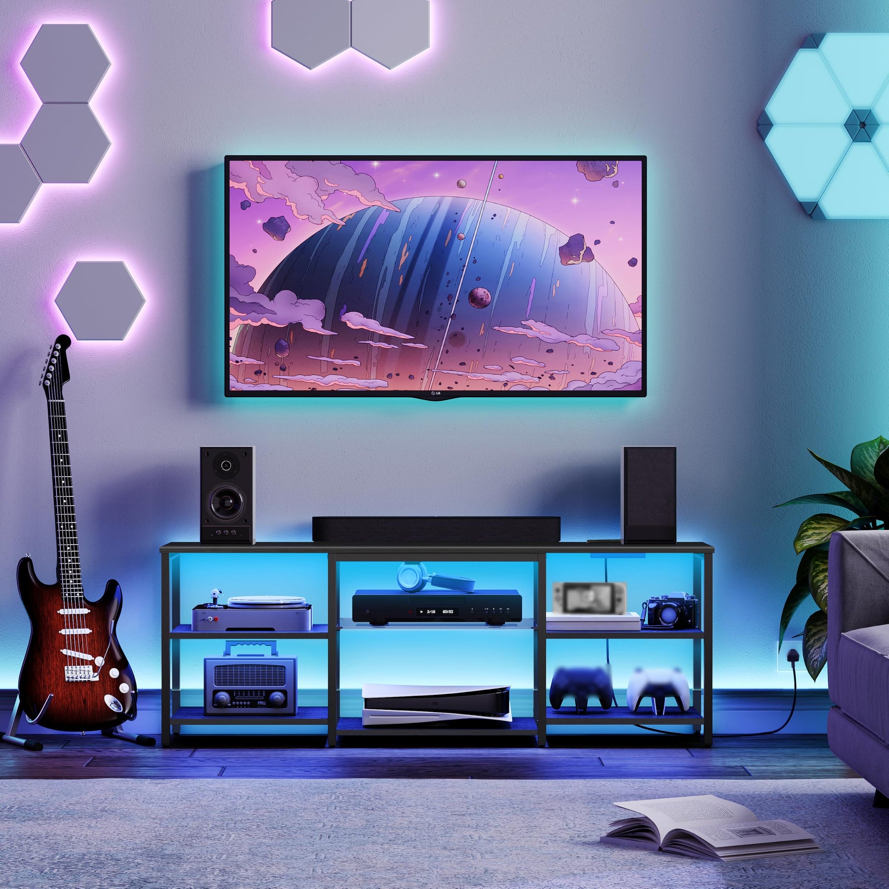 HOOBRO LED TV Stand for 75 Inch TVs with Charging Station, Gaming Entertainment Center with 3-Tier Open Storage, Long 70.1” Media TV Console Table, TV Stand for Living Room, Bedroom, Black BB22UDDS01