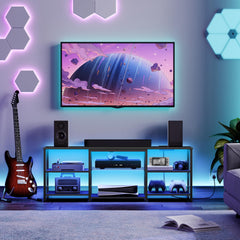 HOOBRO LED TV Stand for 75 Inch TVs with Charging Station, Gaming Entertainment Center with 3-Tier Open Storage, Long 70.1” Media TV Console Table, TV Stand for Living Room, Bedroom, Black BB22UDDS01