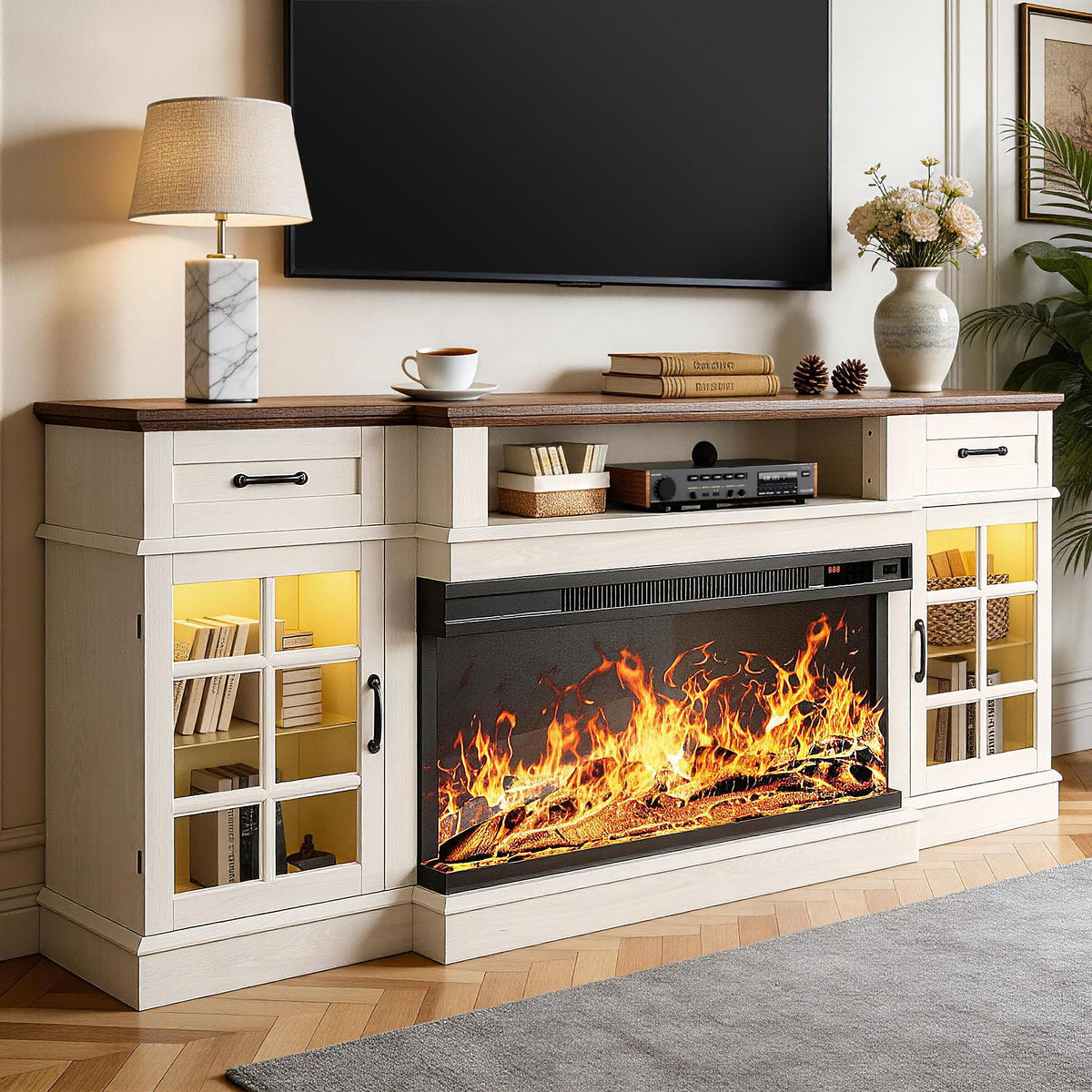 MXV 70" Fireplace TV Stand, 3-Sided Glass Fireplace and Modern Entertainment Center, Wooden Media Console with Glass Doors & Storage Drawers, LED Light, for Living Room, Antique White