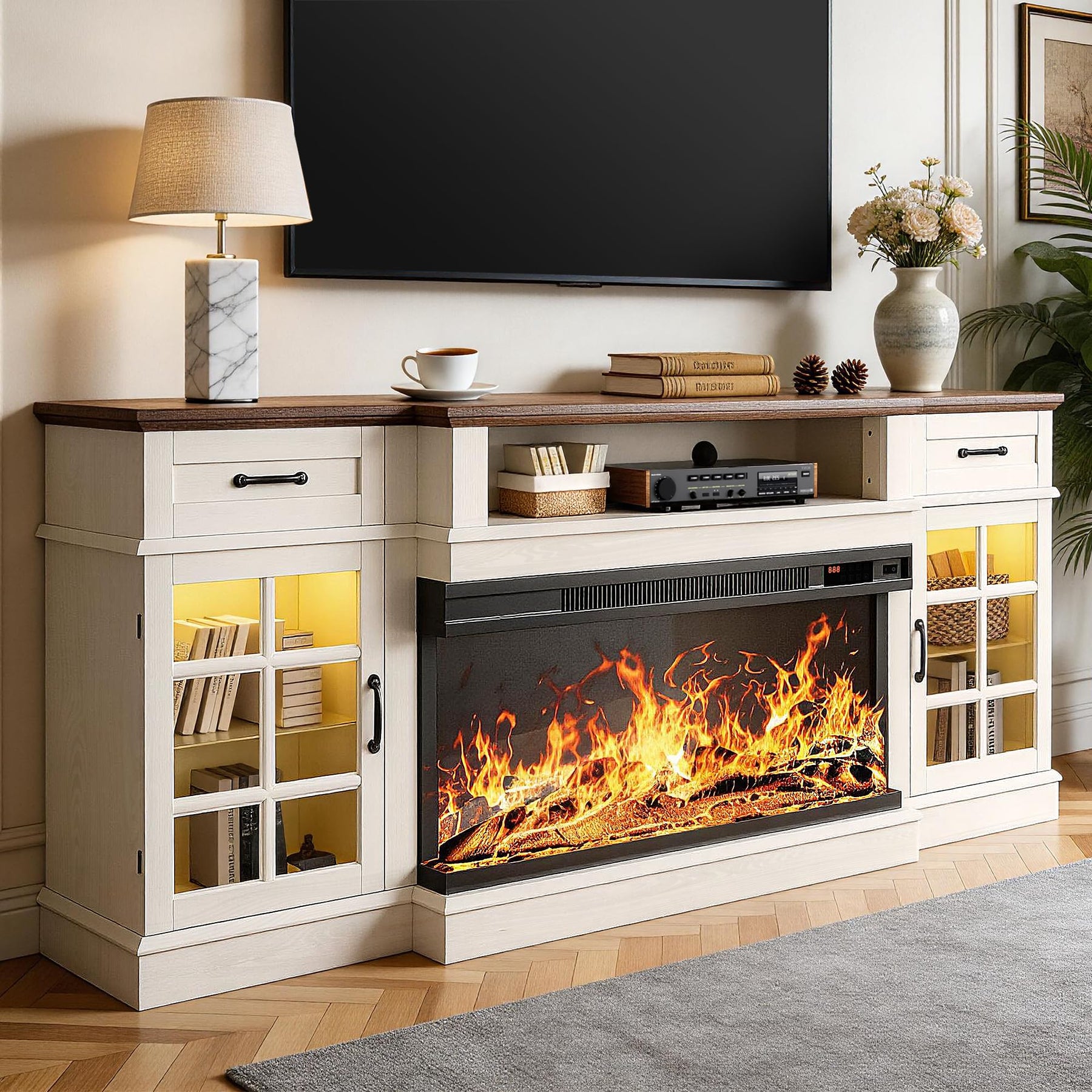 MXV 70" Fireplace TV Stand, 3-Sided Glass Fireplace and Modern Entertainment Center, Wooden Media Console with Glass Doors & Storage Drawers, LED Light, for Living Room, Antique White