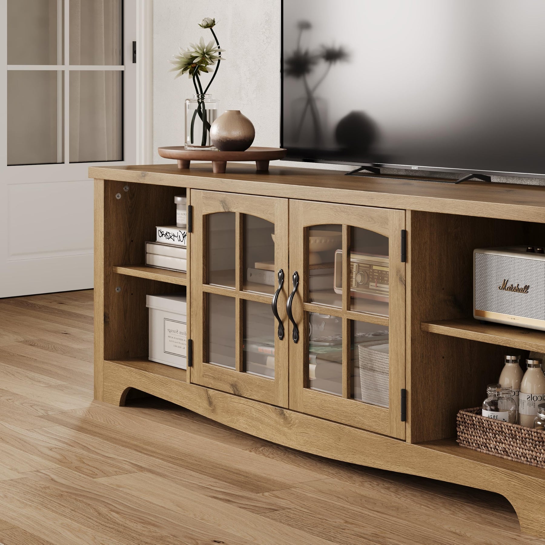 LINSY HOME Farmhouse TV Stand for 65 Inch TV, Wood Entertainment Center with Glass Door Storage Cabinet & Adjustable Shelves, Large Sturdy TV Console Table for Living Room Bedroom