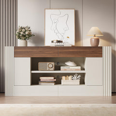 OneBlis Modern 70" TV Stand for TVs up to 80", Entertainment Center with 2 Drawers & 2 Side Cabinets, Media Console with 2-Tier Open Storage Shelves and Cable Management, Antique White & Walnut