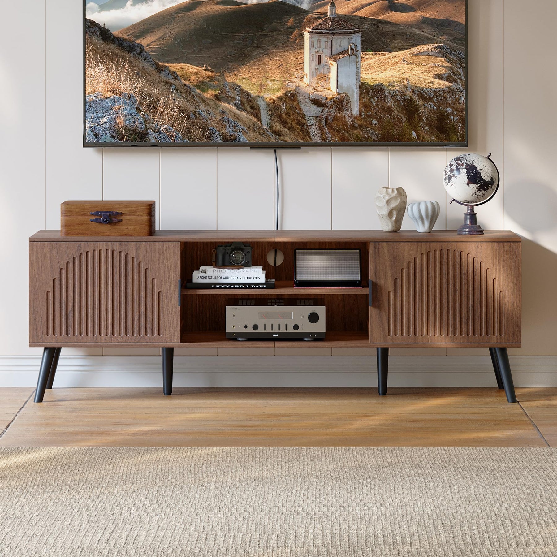 ChooChoo TV Stand with Open Shelves for 65 Inch TVs, Mid Century