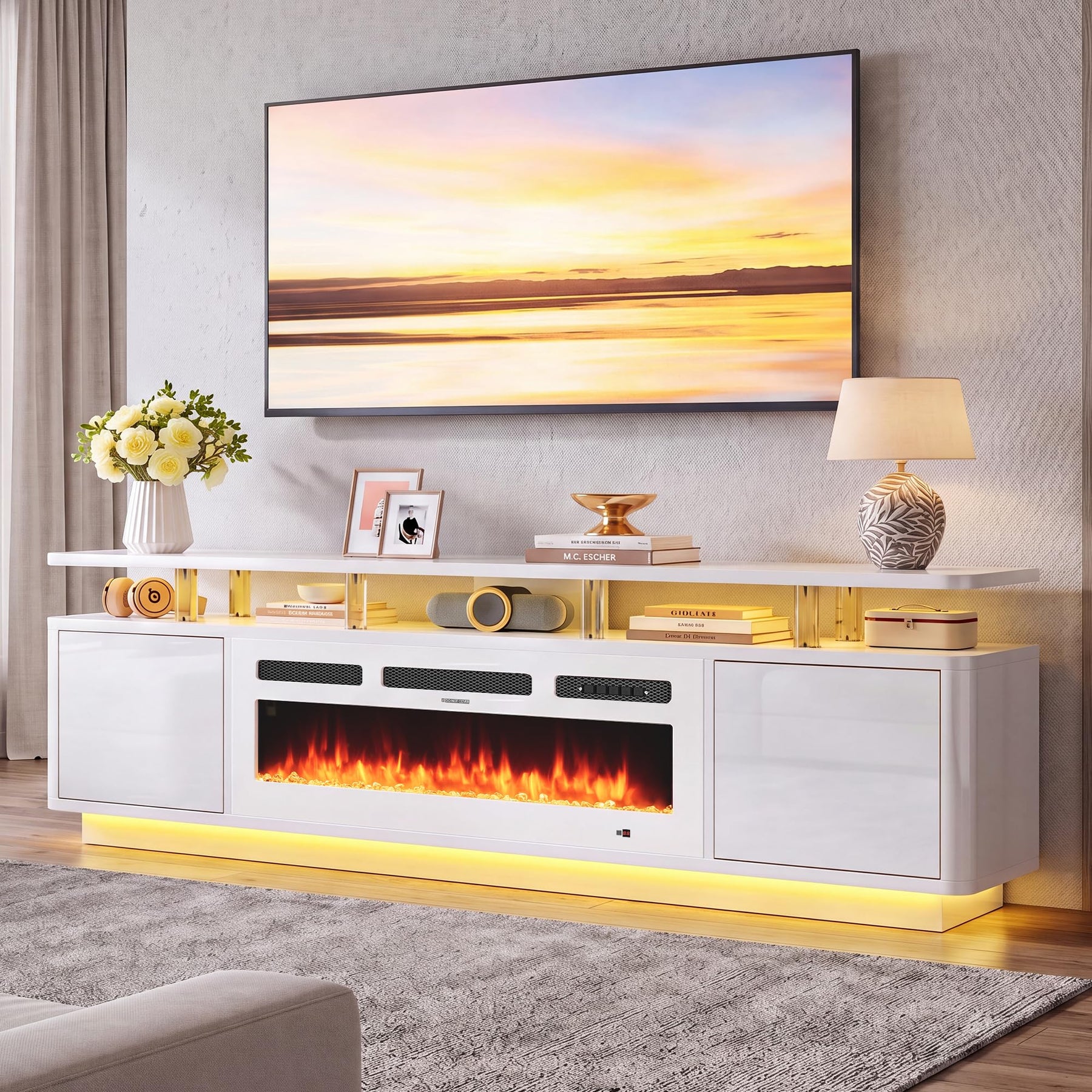 OneBlis 70" Fireplace TV Stand with Double LED Lights for TVs UP to 80", Electric Fireplace Entertainment Center with Storage Cabinets, TV Console for Living Room, Office, Black1