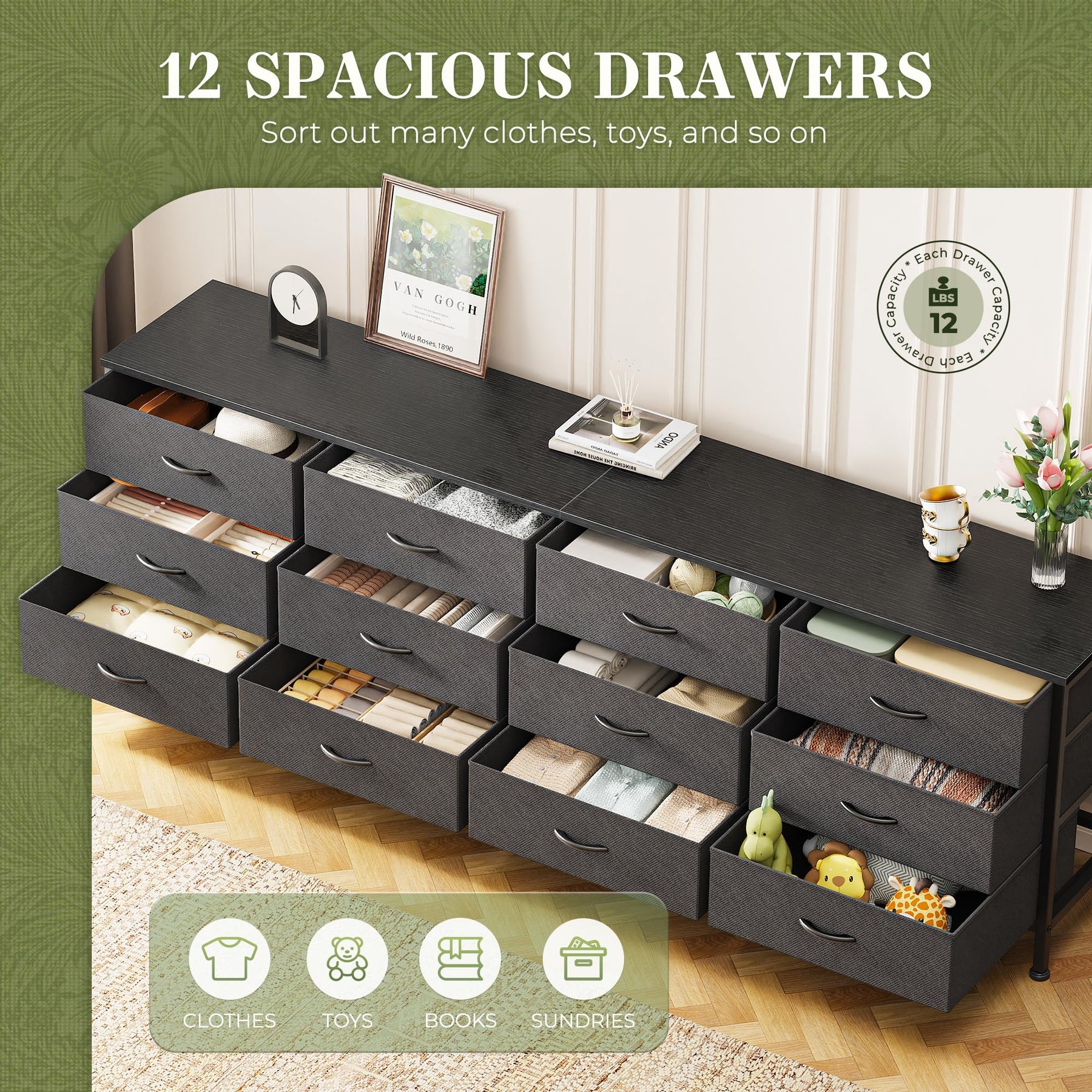 Huuger 70 Inch Dresser for Bedroom, TV Stand for 65, 75, 80 Inch TV, 12 Fabric Drawer Long Dresser, Large Entertainment Center for Bedroom, Wide Chest of Drawer with Storage, Rustic Brown