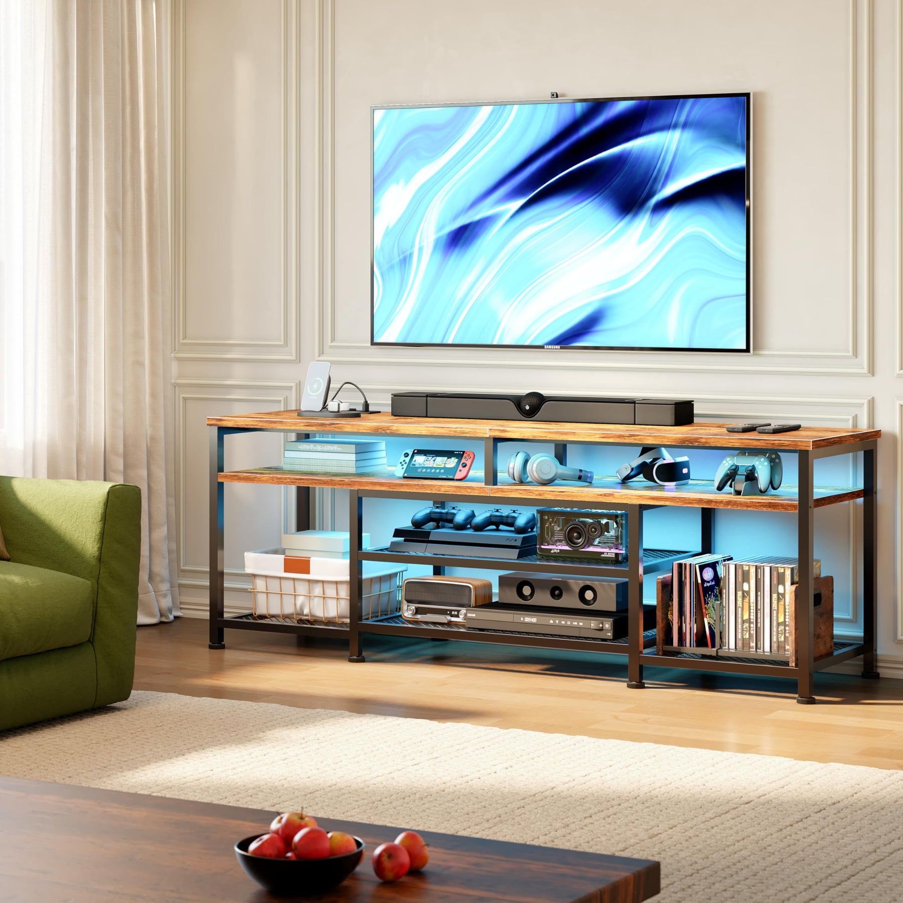 Furologee TV Stand with Power Outlets and LED Lights, 63 Inch Entertainment Center for 60 65 70 Inch TVs, Media Console Table with Open Shelves, for Bedroom, Living Room, Black