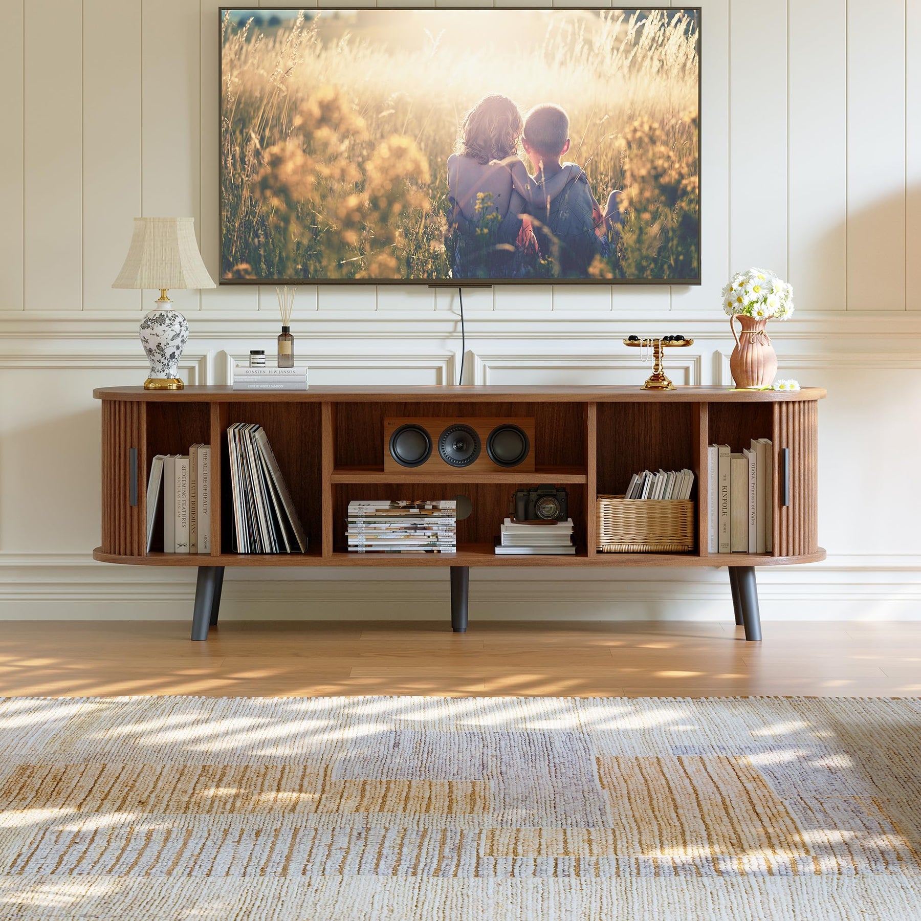 ChooChoo 54" Mid Century Modern TV Stand with Fluted Sliding Doors