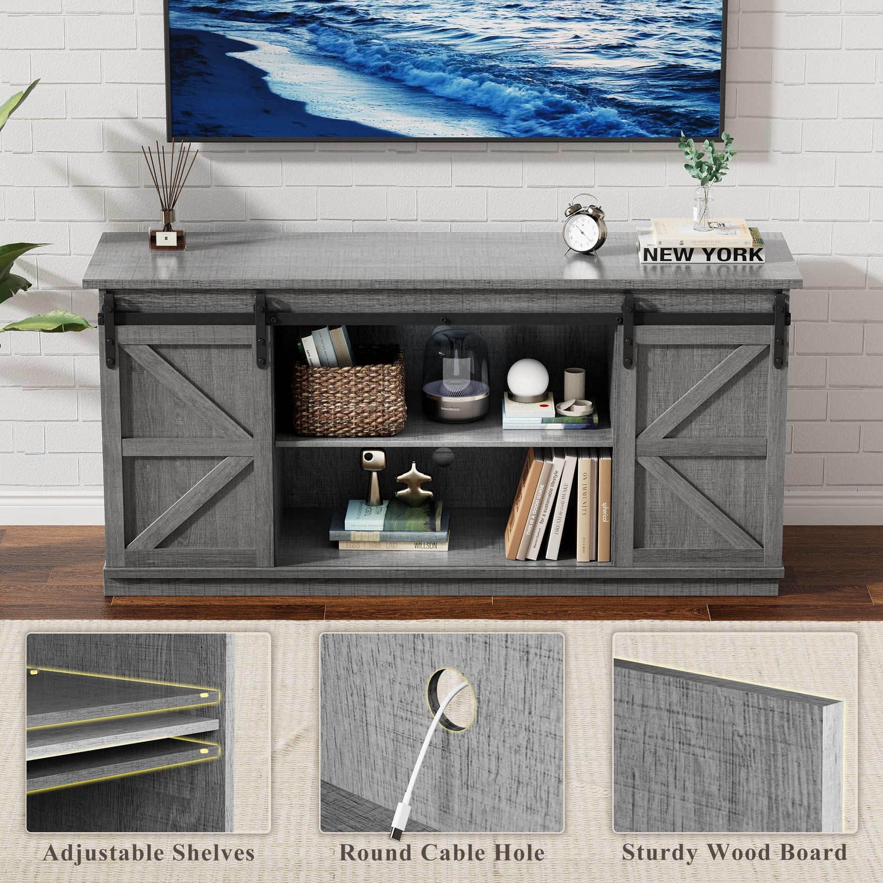 YESHOMY 58" Farmhouse TV Stand for TVs up to 65", Sliding Barn Doors, White