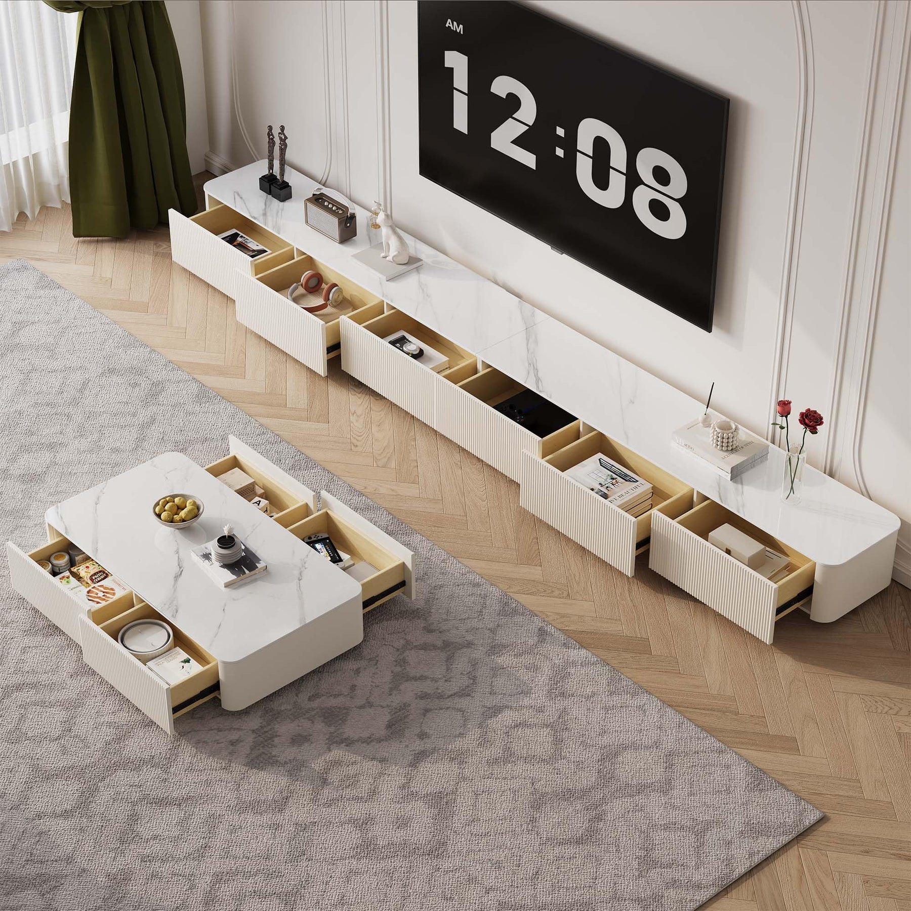 94.5" Fully Assembled TV Console, White TV Stand with Sintered Stone Top