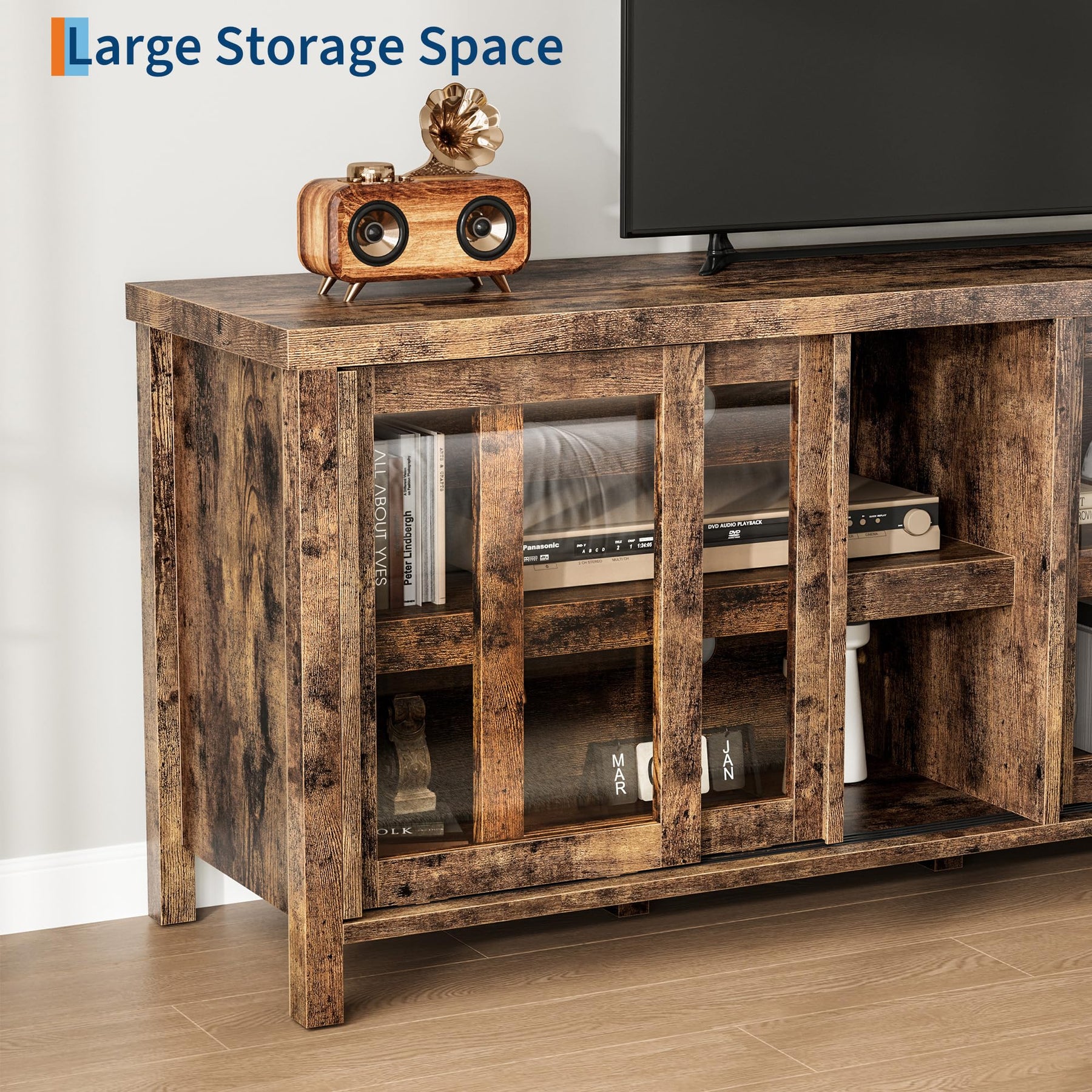 GAOMON TV Stand for 65" with Entertainment Center, Storage Cabinet, 4 Sliding Glass Doors, Mid Century Modern Media TV Console Table for Living Room Bedroom (Retro Brown)