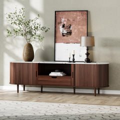 DHH 86.6" Fluted TV Stand with Power Outlet for TVs up to 90", TV Console with Adjustable Shelves and Sliding Door,Mid Century Modern Entertainment Center for Living Room,Bedroom (Walnut)