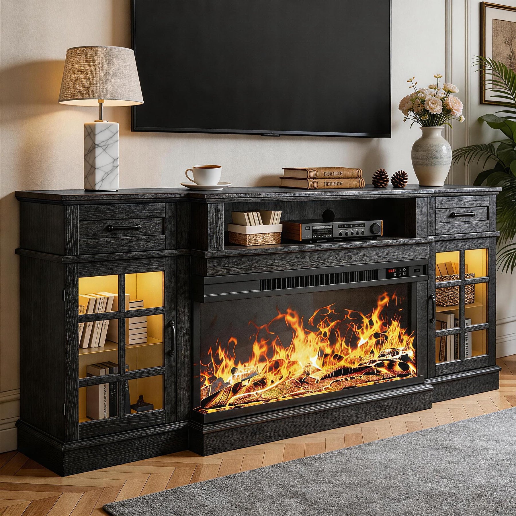 MXV 70" Fireplace TV Stand, 3-Sided Glass Fireplace and Modern Entertainment Center, Wooden Media Console with Glass Doors & Storage Drawers, LED Light, for Living Room, Antique White