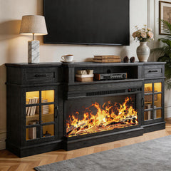 MXV 70" Fireplace TV Stand, 3-Sided Glass Fireplace and Modern Entertainment Center, Wooden Media Console with Glass Doors & Storage Drawers, LED Light, for Living Room, Antique White