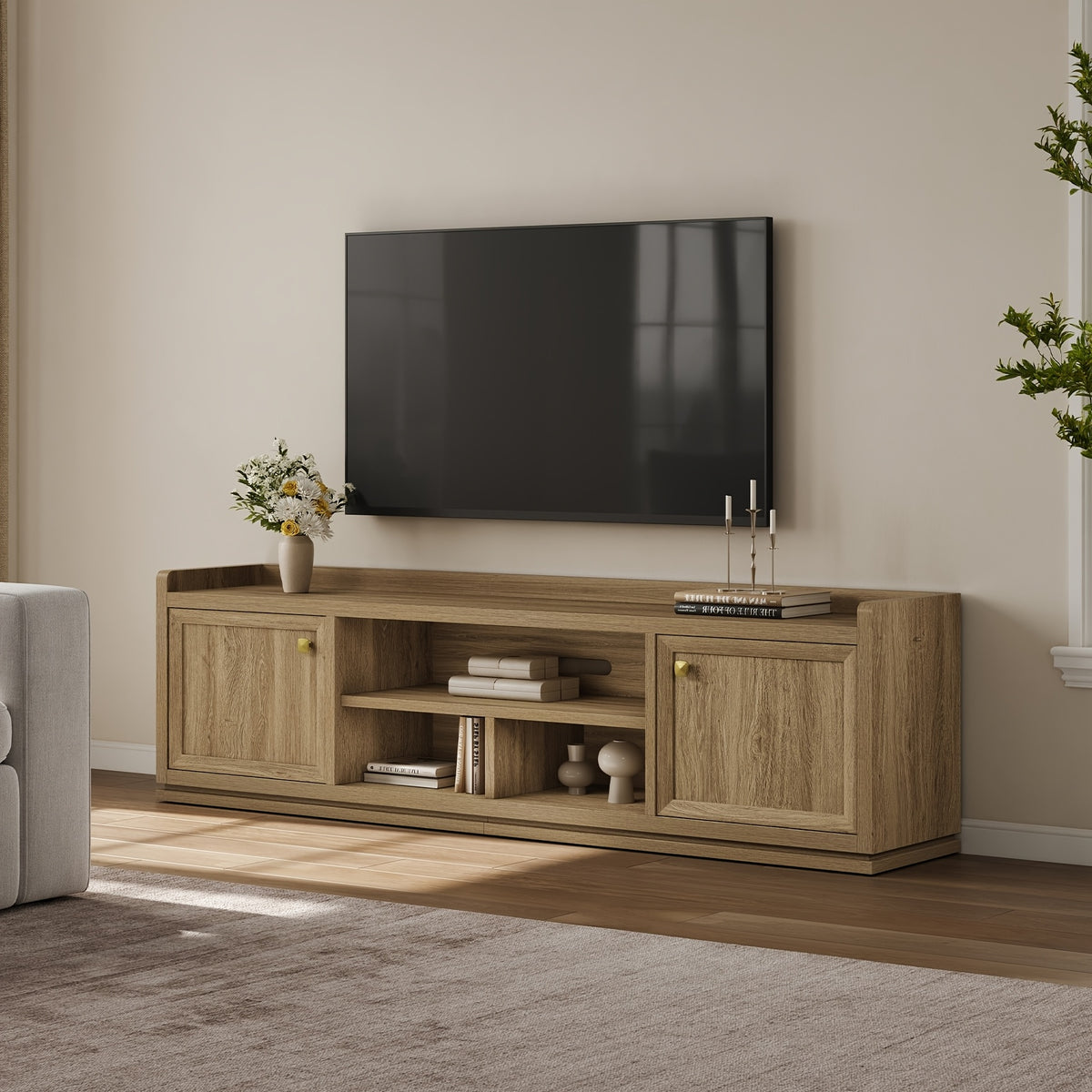 SICOTAS Farmhouse TV Stand for TVs Up to 75", Entertainment Center with Storage Cabinets & Open Shelves, Wood TV Cabinet, Media Console Table for Living Room