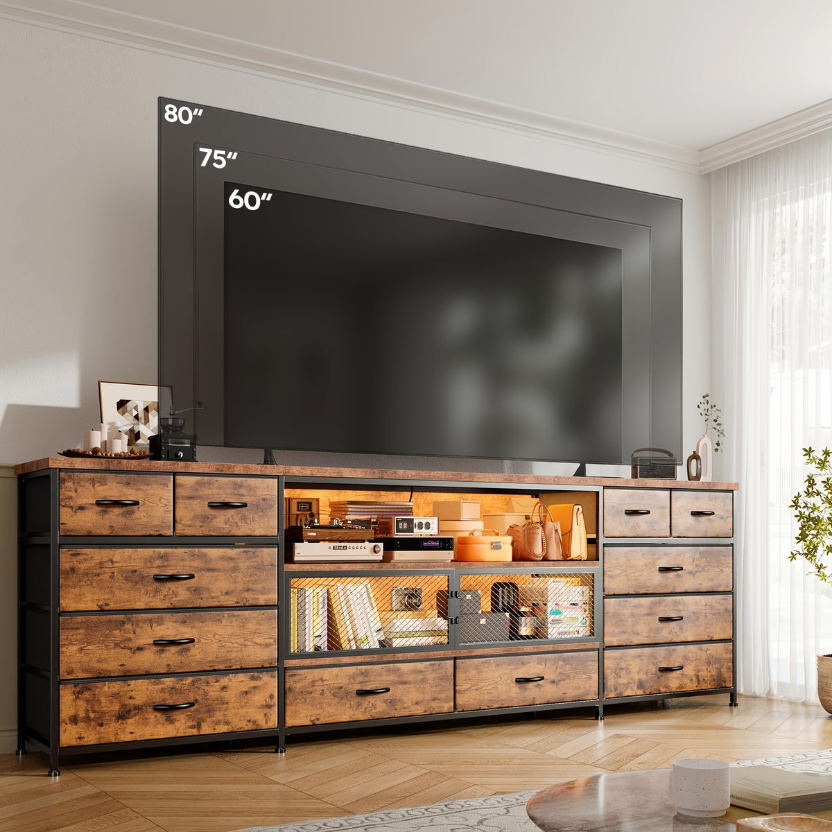 85/80/75 Inch TV Stand for Bedroom with LED & Charging Station Large TV Console with Open Shelf & Mesh Door 71" Long Dresser for Bedroom with 12 Fabric Drawer Black/Rustic Brown