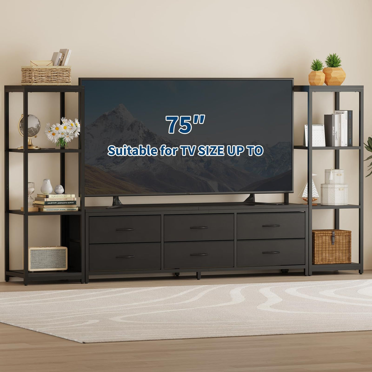 for 75-Inch TV Compatible: Large Modern Industrial TV Stand Dresser with 4-Tier Shelves & 6-Fabric Drawers - Sturdy Non-Wood Entertainment Center Suitable for Living Room, Assembly TV Console