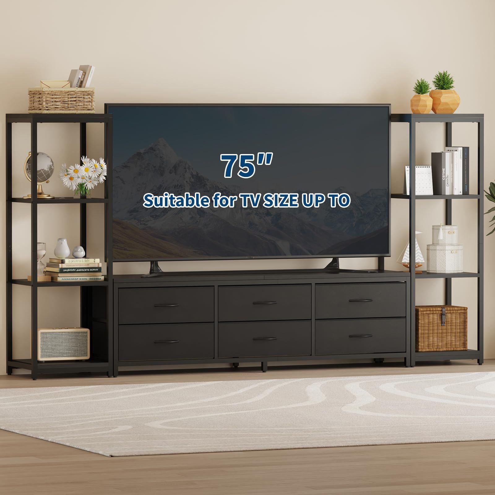 for 75-Inch TV Compatible: Large Modern Industrial TV Stand Dresser with 4-Tier Shelves & 6-Fabric Drawers - Sturdy Non-Wood Entertainment Center Suitable for Living Room, Assembly TV Console