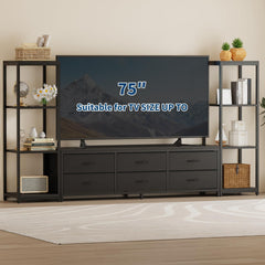 for 75-Inch TV Compatible: Large Modern Industrial TV Stand Dresser with 4-Tier Shelves & 6-Fabric Drawers - Sturdy Non-Wood Entertainment Center Suitable for Living Room, Assembly TV Console