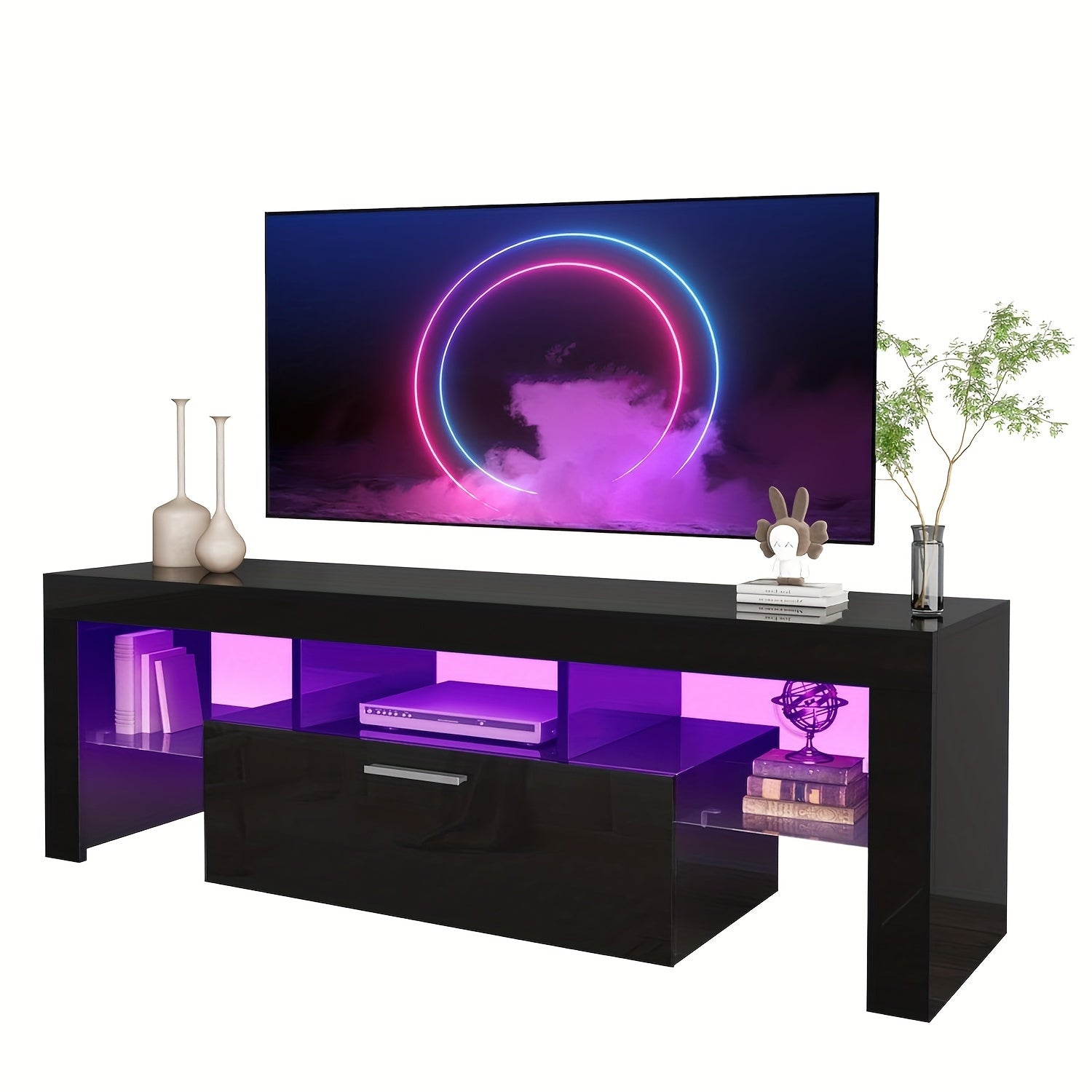Contemporary LED TV Stand Measuring 63''/71'' Suitable for 55/65/75/80 Inch Televisions, Featuring a High Gloss End. This Media Console Table Serves As an Entertainment Center with Storage Drawers, Perfect for Your Living Room, Game Room