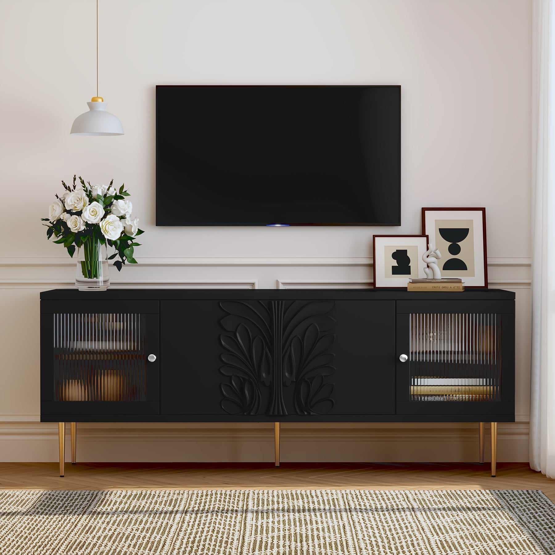 HLR TV Stand For TVs Up To 70", Modern TV Console With 3D Flower Pattern, Wood Entertainment Center With 2 Fluted Glass Doors, Large Media Console Table With Storage For Living Room