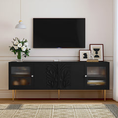 HLR TV Stand For TVs Up To 70", Modern TV Console With 3D Flower Pattern, Wood Entertainment Center With 2 Fluted Glass Doors, Large Media Console Table With Storage For Living Room