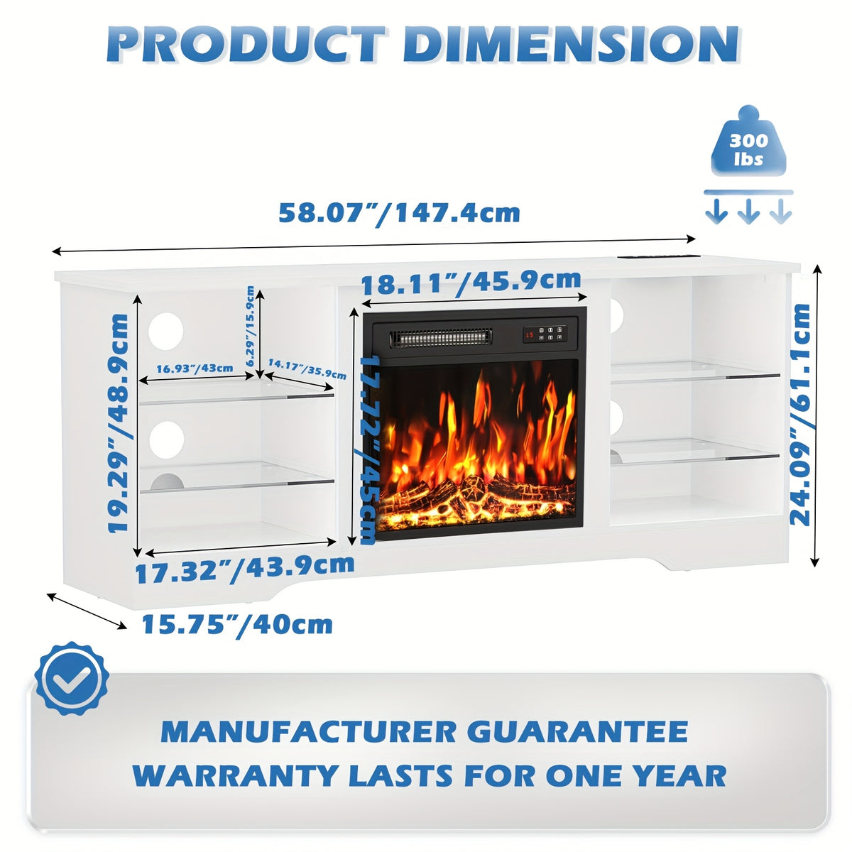 58 Inches Fireplace TV Stand for Tvs Up to 65 Inches Console with 18'' Electric Fireplace & Remote, Wooden Modern Entertainment Center for Living Room with LED Light Glass Shelves