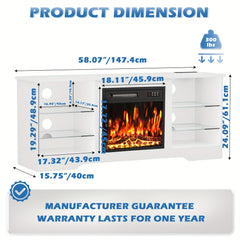 58 Inches Fireplace TV Stand for Tvs Up to 65 Inches Console with 18'' Electric Fireplace & Remote, Wooden Modern Entertainment Center for Living Room with LED Light Glass Shelves