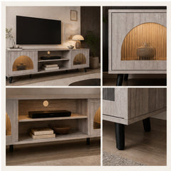 Modern White TV Stand with LED Ambient Light, Arched Fluted Glass Doors, Media Console with Open Shelves And Cable Management Hole, 330Lbs Capacity Fits 70 Inch TV for Living Room Bedroom