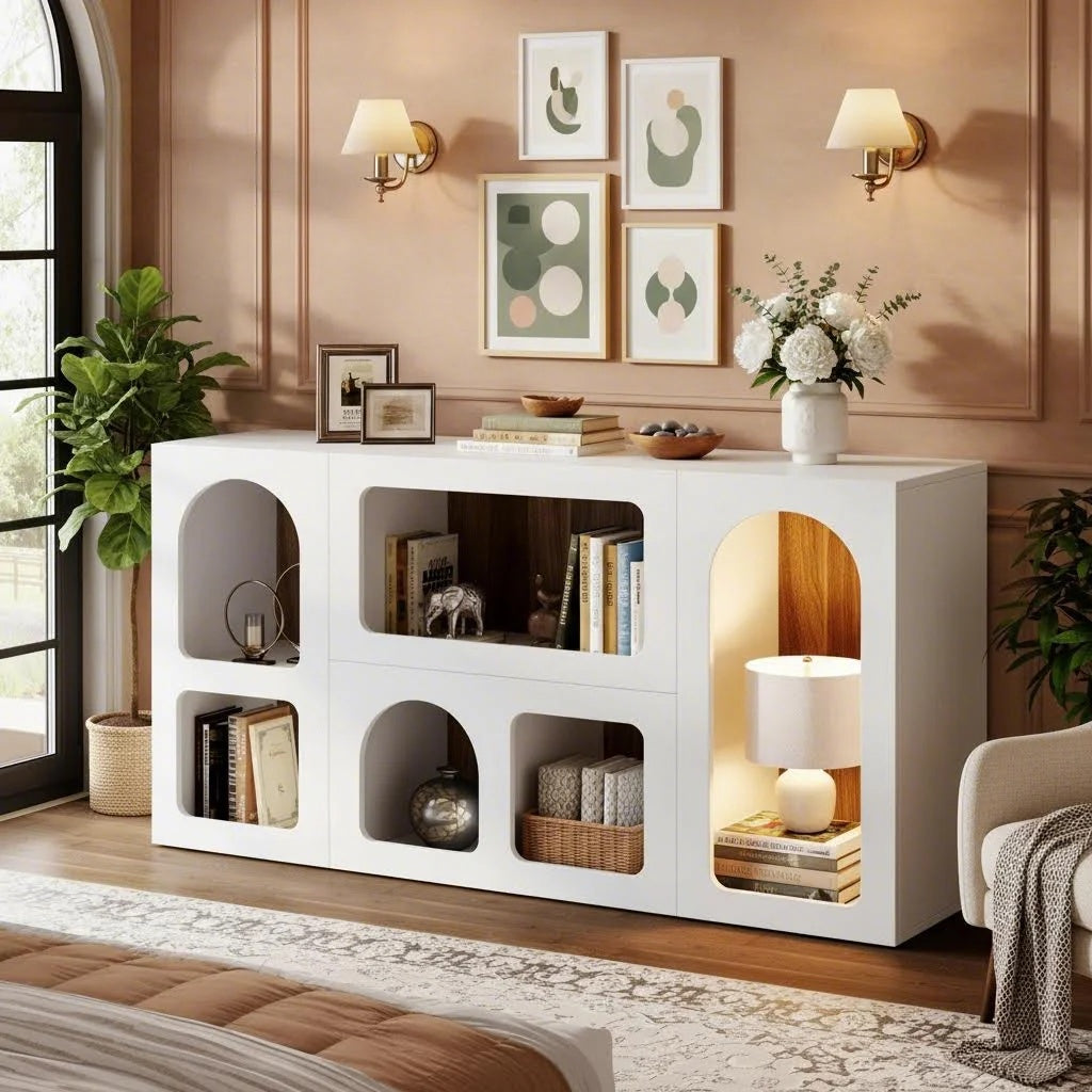 59 Inch White Console Table TV Stand with 6 Compartments, Modern Entertainment Center for Living Room Christmas Decor
