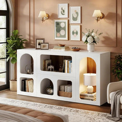 59 Inch White Console Table TV Stand with 6 Compartments, Modern Entertainment Center for Living Room Christmas Decor